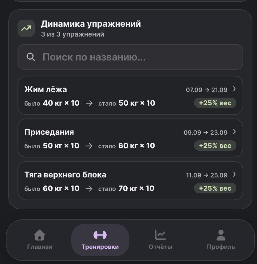 Экран приложения: Рабочие веса — не на память